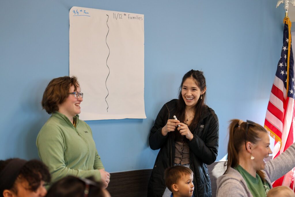 Senior Alora Stasenko (right) and 10th grader Amelia Richards (left) scoring trivia at the end of the year celebration. Quinn White/KNOM