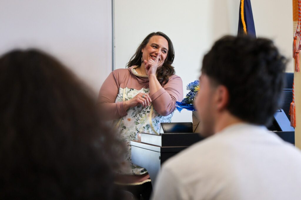 Kacey Miller presents at ANSEP's end of the year celebration in Nome. Quinn White/KNOM